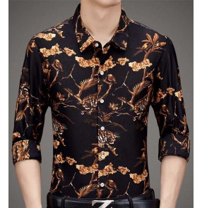Men's tiger printed latin ballroom dance shirts male waltz tango flamenco stretchable dancing tops long sleeeves
